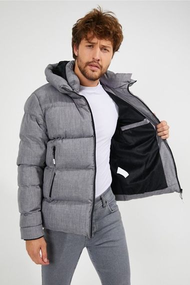Men's Gray Hooded Inflatable Water And Windproof Pocket Detailed Fur Hooded Coat - photo 3