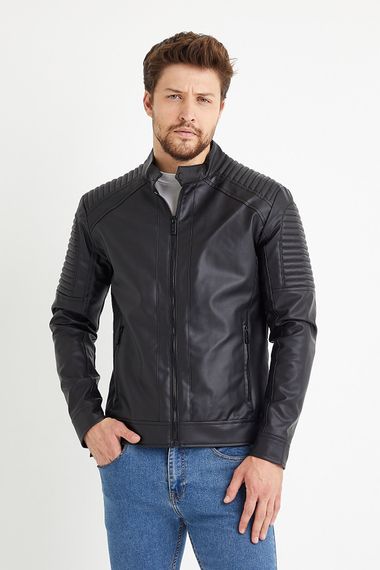 Чоловіче шкіряне водо- та вітрозахисне пальто/куртка чорного кольору - фото 2