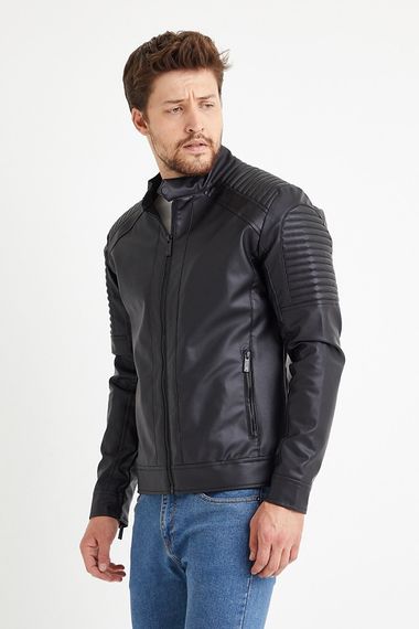 Чоловіче шкіряне водо- та вітрозахисне пальто/куртка чорного кольору - фото 4