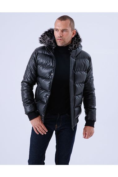 Men's Hooded Furry Leather Waterproof And Windproof Pockets Inner Lining Fiber Filled Black Leather Inflatable Coats - photo 1