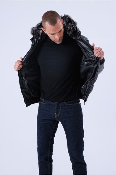 Чоловічі водонепроникні та вітрозахисні шкіряні хутряні пальта з капюшоном і внутрішньою підкладкою з волокнистим наповнювачем, чорні шкіряні надувні пальта - фото 2