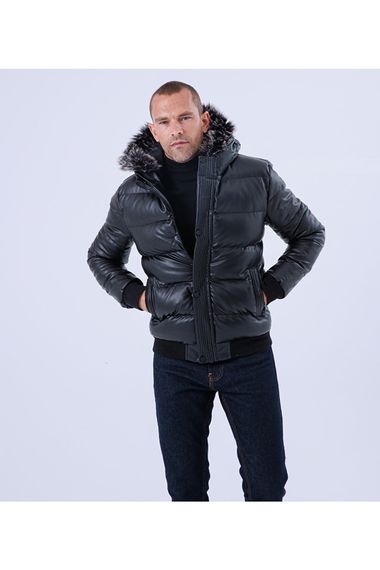 Men's Hooded Furry Leather Waterproof And Windproof Pockets Inner Lining Fiber Filled Black Leather Inflatable Coats - photo 3