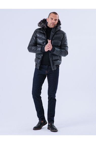 Чоловічі водонепроникні та вітрозахисні шкіряні хутряні пальта з капюшоном і внутрішньою підкладкою з волокнистим наповнювачем, чорні шкіряні надувні пальта - фото 4