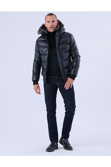 Чоловічі водонепроникні та вітрозахисні шкіряні хутряні пальта з капюшоном і внутрішньою підкладкою з волокнистим наповнювачем, чорні шкіряні надувні пальта - фото 5