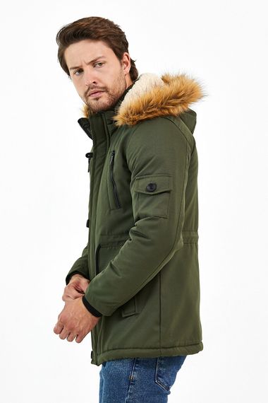 Чоловіче товсте пальто з водонепроникним і вітрозахисним хутром з капюшоном кольору хакі з поліестеру - фото 1
