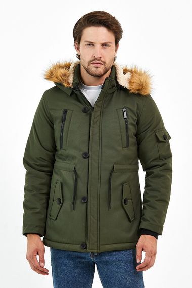 Чоловіче товсте пальто з водонепроникним і вітрозахисним хутром з капюшоном кольору хакі з поліестеру - фото 2