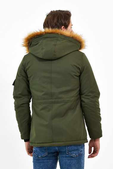 Чоловіче товсте пальто з водонепроникним і вітрозахисним хутром з капюшоном кольору хакі з поліестеру - фото 3