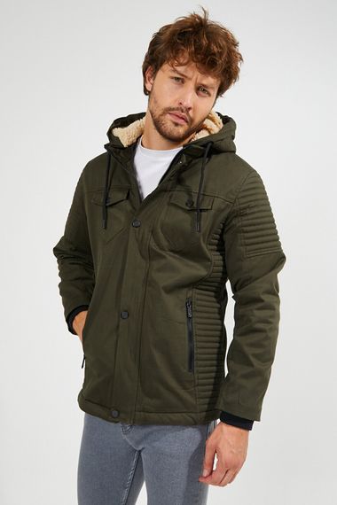 Men's Khaki Hooded Gabardine Linen Water And Windproof Pocket Detailed Fur Coat Coat - photo 1