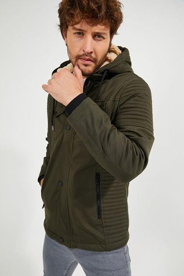 Men's Khaki Hooded Gabardine Linen Water And Windproof Pocket Detailed Fur Coat Coat - photo 3