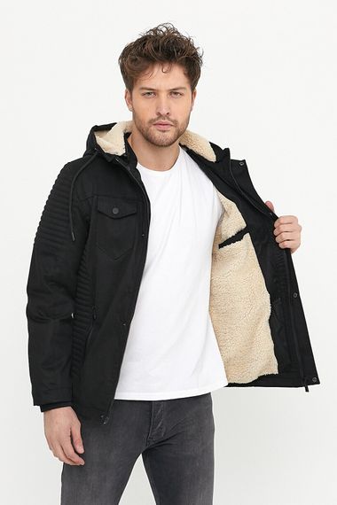 Men's Black Hooded Gabardine Linen Water And Windproof Pocket Detailed Inner Fur Coat - photo 1