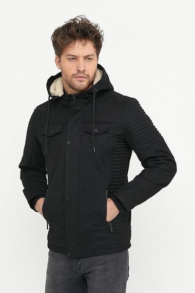 Men's Black Hooded Gabardine Linen Water And Windproof Pocket Detailed Inner Fur Coat - photo 4