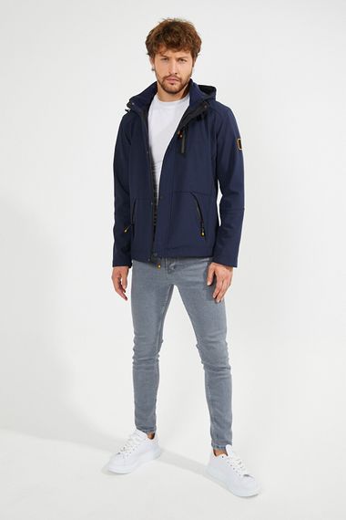 Men's Navy Blue Hooded Water And Windproof Pocket Detailed Softshell Jacket With Shearling Inner - photo 5