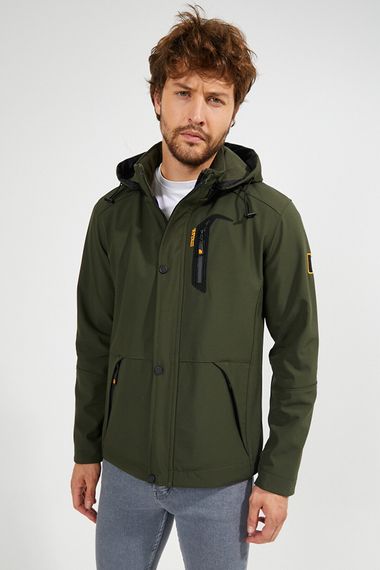 Чоловіча водонепроникна куртка кольору хакі з капюшоном і вітронепроникною кишенею, деталізована м’яка оболонка, внутрішня частина з стрижки - фото 3