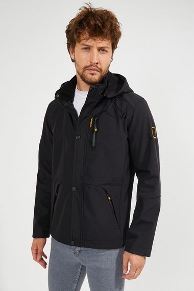 Men's Black Hooded Waterproof And Windproof Pocket Detailed Softshell Jacket With Shearling Inner - photo 1