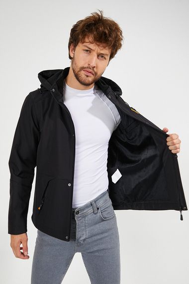 Men's Black Hooded Waterproof And Windproof Pocket Detailed Softshell Jacket With Shearling Inner - photo 2