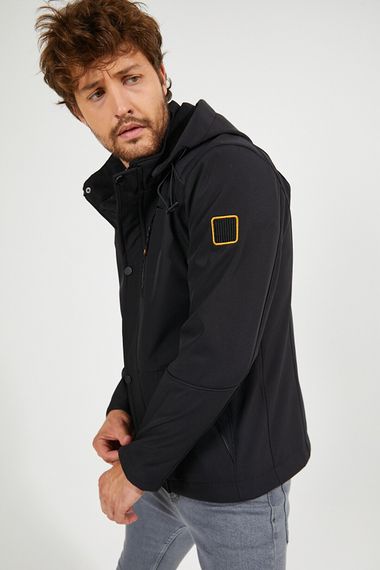 Men's Black Hooded Waterproof And Windproof Pocket Detailed Softshell Jacket With Shearling Inner - photo 4