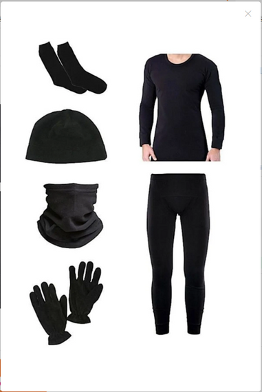 Thermal Underwear Set Socks Fleece Beanie Neck Collar Gloves Black 5 Pcs Set