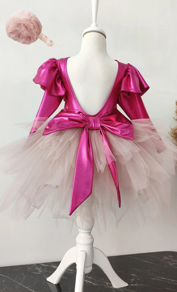 Сукня для дівчаток фуксія з бантом, довгі рукави, святкова сукня на день народження з банданою - фото 1