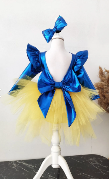 Синя сукня-тюль з бантами для дівчаток з довгими рукавами, святкове вбрання на день народження з банданою - фото 1