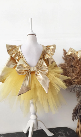 Sarı Fiyonklu Kız Çocuk Tütü Elbise, Uzun Kollu Sarı Doğum Günü Elbisesi, Bandana - fotoğraf 1