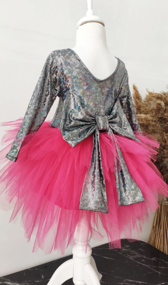 Girl's Fuchsia Hologram Tulle Dress, Long Sleeve Fuchsia Hologram Birthday Dress, Bandana - photo 1