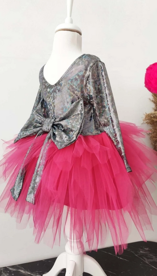Girl's Fuchsia Hologram Tulle Dress, Long Sleeve Fuchsia Hologram Birthday Dress, Bandana - photo 2