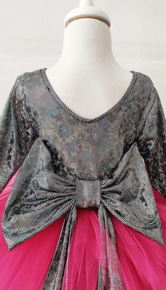 Girl's Fuchsia Hologram Tulle Dress, Long Sleeve Fuchsia Hologram Birthday Dress, Bandana - photo 3