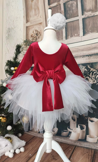 Girl's Red Velvet White Tulle Christmas Dress Long Sleeve Red Birthday Dress, Bandana - photo 1