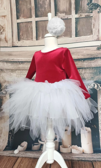 Girl's Red Velvet White Tulle Christmas Dress Long Sleeve Red Birthday Dress, Bandana - photo 2