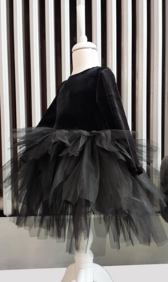 Kız Çocuk Siyah Kadife Tüllü Elbise, Uzun Kollu Siyah Fiyonklu Doğum Günü, Bandana - fotoğraf 1