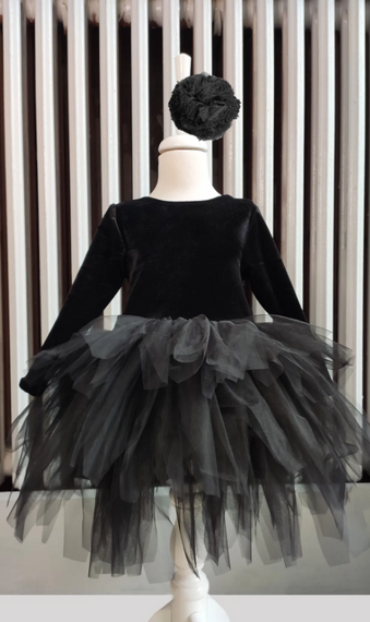 Kız Çocuk Siyah Kadife Tüllü Elbise, Uzun Kollu Siyah Fiyonklu Doğum Günü, Bandana - fotoğraf 2