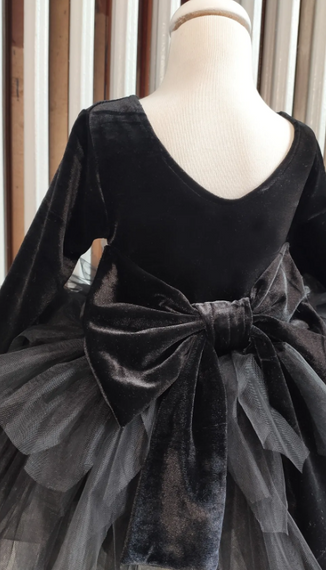 Kız Çocuk Siyah Kadife Tüllü Elbise, Uzun Kollu Siyah Fiyonklu Doğum Günü, Bandana - fotoğraf 3