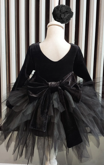 Kız Çocuk Siyah Kadife Tüllü Elbise, Uzun Kollu Siyah Fiyonklu Doğum Günü, Bandana - fotoğraf 4