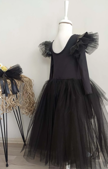 Kız Çocuk Siyah Deri Detaylı Asimetrik Elbise, Doğum Günü Elbisesi Ve Bandana Takım - fotoğraf 2