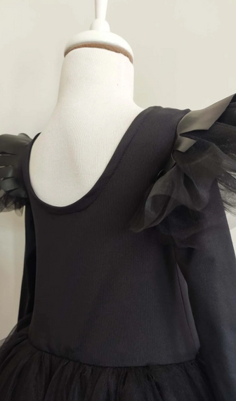 Kız Çocuk Siyah Deri Detaylı Asimetrik Elbise, Doğum Günü Elbisesi Ve Bandana Takım - fotoğraf 3