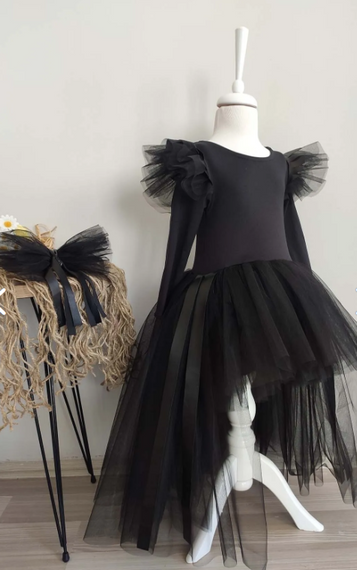 Kız Çocuk Siyah Deri Detaylı Asimetrik Elbise, Doğum Günü Elbisesi Ve Bandana Takım - fotoğraf 5