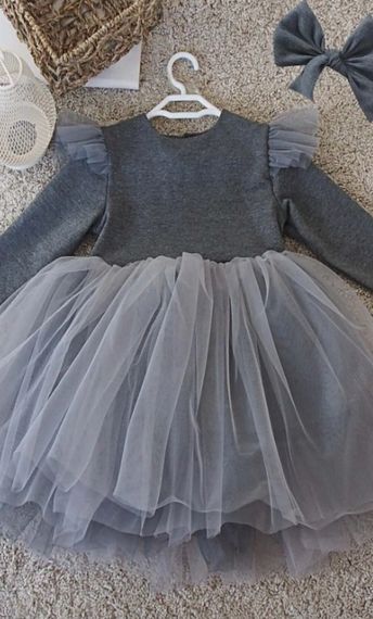 Uzun Kollu Gri Kız Çocuk Tütü Elbise Bandana Takım 1-8 Yaş - fotoğraf 1