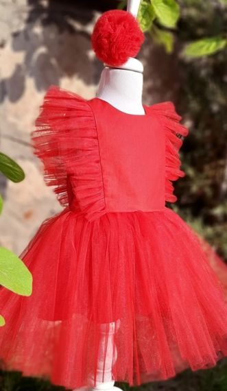Kız Çocuk Tül Detaylı Kırmızı Tütü Elbise Bandana Takım - fotoğraf 1