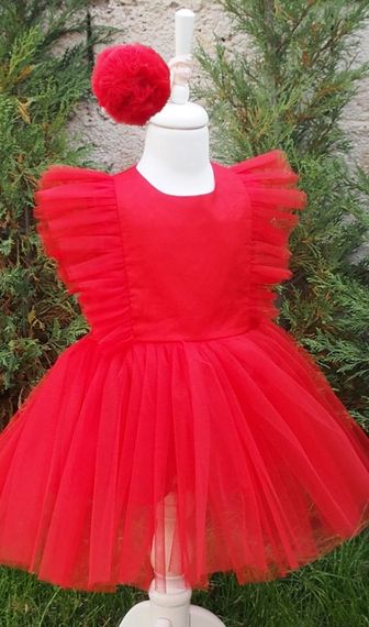 Kız Çocuk Tül Detaylı Kırmızı Tütü Elbise Bandana Takım - fotoğraf 2