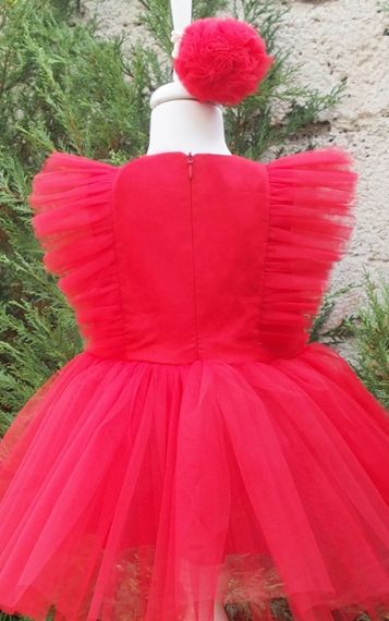 Kız Çocuk Tül Detaylı Kırmızı Tütü Elbise Bandana Takım - fotoğraf 4