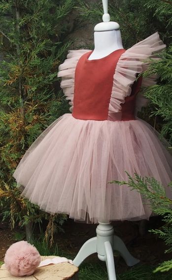 Kız Çocuk Tül Detaylı Kiremit Tütülü Keten Elbise Bandana Takım - fotoğraf 1