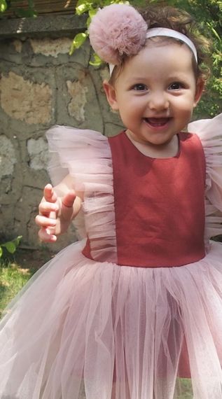 Kız Çocuk Tül Detaylı Kiremit Tütülü Keten Elbise Bandana Takım - fotoğraf 5
