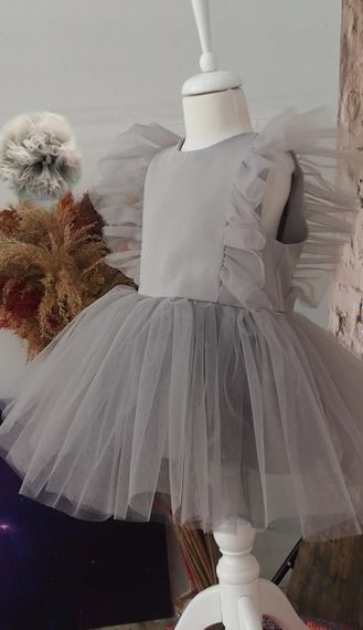 Kız Çocuk Tül Detaylı Gri Tütü Elbise Bandana Takım - fotoğraf 1