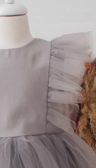 Kız Çocuk Tül Detaylı Gri Tütü Elbise Bandana Takım - fotoğraf 4