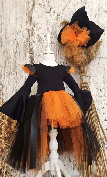 Cadılar Bayramı Siyah Deri Detaylı Cadı Kız Elbisesi Ve Cadı Şapkası, Kız Çocuk Halloween Elbisesi - fotoğraf 1