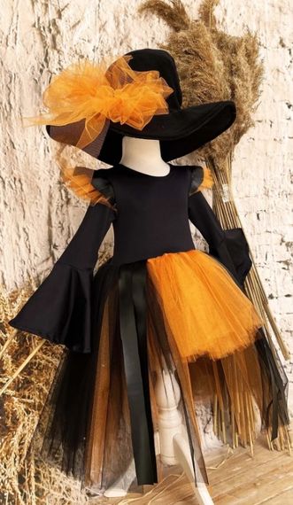 Cadılar Bayramı Siyah Deri Detaylı Cadı Kız Elbisesi Ve Cadı Şapkası, Kız Çocuk Halloween Elbisesi - fotoğraf 2