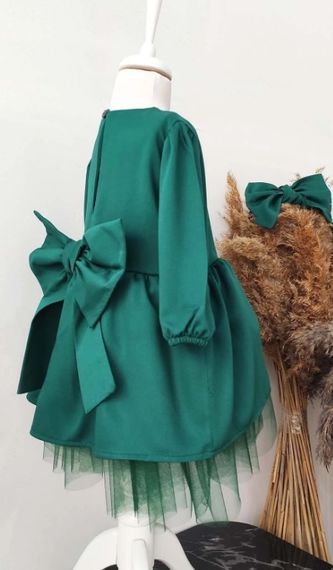 Kız Çocuk Yeşil Fiyonklu Tütü Noel Elbise, Uzun Kollu Yeşil Doğum Günü Elbisesi, Bandana - fotoğraf 2