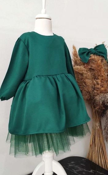 Kız Çocuk Yeşil Fiyonklu Tütü Noel Elbise, Uzun Kollu Yeşil Doğum Günü Elbisesi, Bandana - fotoğraf 3