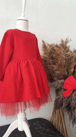 Kız Çocuk Kırmızı Fiyonklu Tütü Noel Elbise, Uzun Kollu Kırmızı Doğum Günü Elbisesi, Bandana - fotoğraf 2