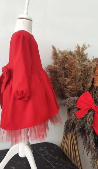 Kız Çocuk Kırmızı Fiyonklu Tütü Noel Elbise, Uzun Kollu Kırmızı Doğum Günü Elbisesi, Bandana - fotoğraf 3